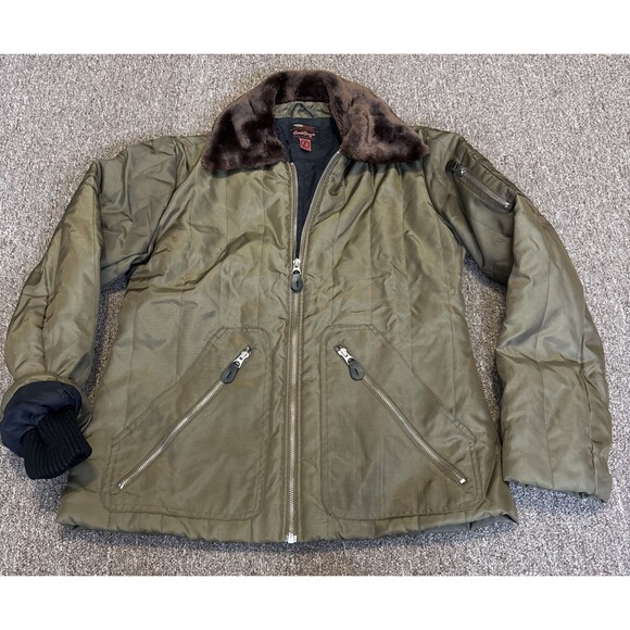 VTG Bomb Boogie Aviator Flight Jacket Zip Brown Green Fur Sz Large Space 2000 - Picture 1 of 12